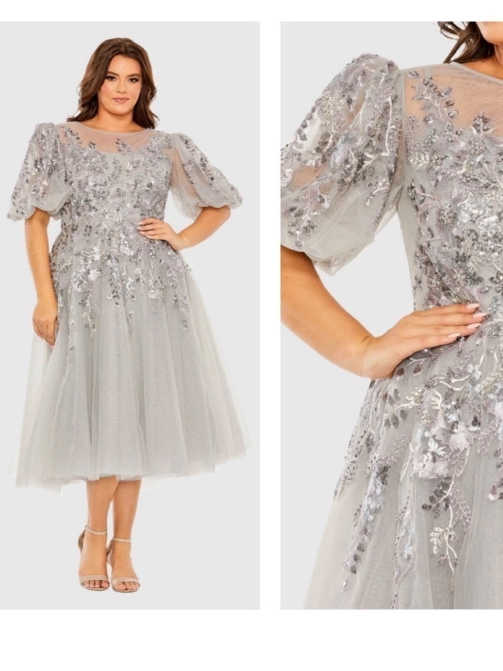 Mac duggal size 18 Grey glitter Embroidered Midi Tulle Dress Puff Sleeves gues